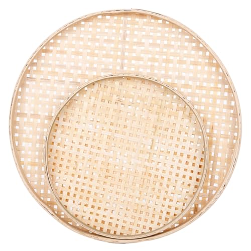 GRIRIW 2Pcs Natural Woven Basket Tray Mesh Strainer Food Storage Trays for Fruits Vegetables and Sundries Stackable Decorative Household Storage