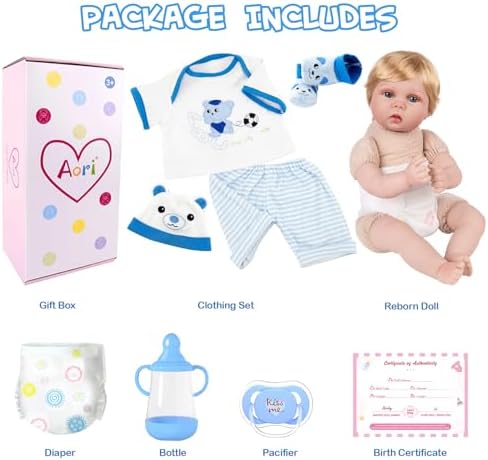 Aori Lifelike Realistic Reborn Baby Boy Doll 22 Inch Handmade Weighted Reborn Baby Doll with Bear Toy