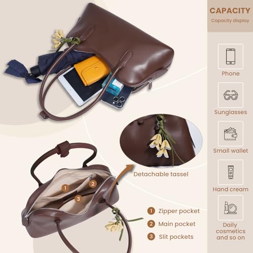 Genuine Leather shoulder Bag for Women with Top Handle， Satchel purse Bowler Handbags with zipper closure4