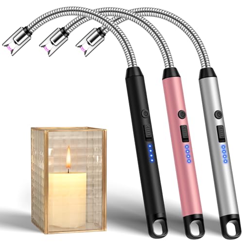 LcFun 3 Pack Electric Candle Lighter Windproof USB Rechargeable Plasma Lighter with LED Battery Display Flameless Long Arc Lighters for Candle Grill BBQ Camping Stove (Black Silver Pink)