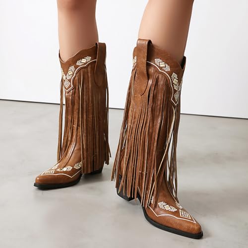 Image of Embroidered Fringe Cowboy Boots for Women, Pull On Mid Calf Chunky Block Heel Pointed Toe Western Cowgirl Boots Riding Country Boot Retro Boots