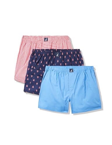 Nautica Classic Cotton 3-Pack Woven Boxer, Aero Blue/Gingham-Rose...