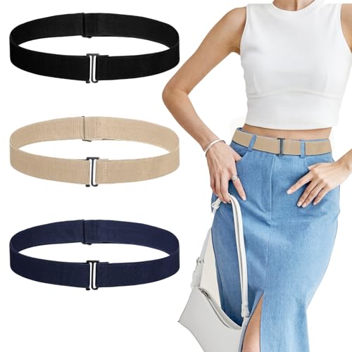 3PCS No Show Stretchy Belt for Women, Adjustable Elastic Invisible Belt Flat Buckle for Pants Jeans Dresses, Lady Women Stretch Waist Tightener Fashion Classic Strap Belts2