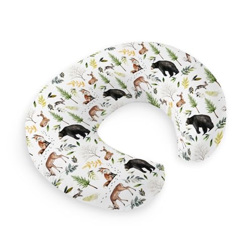 Image of HawSkgFub Forest Animals Creatures Nursing Pillow Cover for Baby Boys, Pine Tree Bear Fox Deer Leaf Breastfeeding Pillow Slipcover, Nursing Pillowcase for Newborn Infant, Cover Only