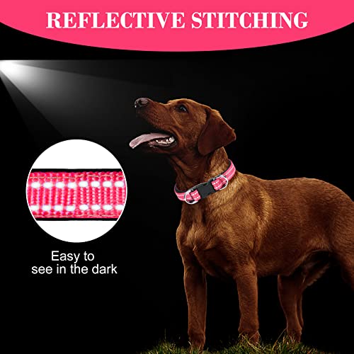 AUAUY Reflektierend Halsband Hund, Verstellbares Atmungsaktives Hundehalsband, Weich Gepolstertes Neopren Nylon Hunde Halsband mit AirTag-Hülle Doppel-D-Ring für Kleine Mittel Große Hunde(Rosarot-S)