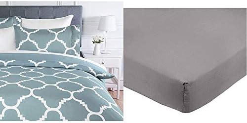 Amazon Basics Microfiber Duvet Cover Set, Light weight 135 x 200 cm, Single - Dusty Blue Trellis