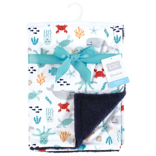 Image of Hudson Baby Unisex Baby Plush Blanket with Furry Binding and Back, Sea Characters, One Size