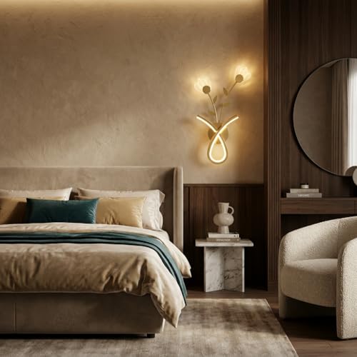 Image of Wall Light 3-Color CCT (Warm + Natural + Cold White) LED Gold Floral Vase Design Metal Acrylic Wall Lamp for Bedroom Living Room
