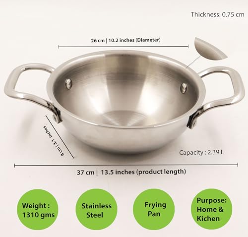 Image of Spillbox Stainless Steel Sandwich Triply Kadhai | Kadai | Wok| Nonstick 3-Layer Body | Steel Cookware | Induction safe | Dishwasher Safe | Food Grade |Heavy |FryPan |Curry |Stirfry |Deepfry (Dia-20cm)