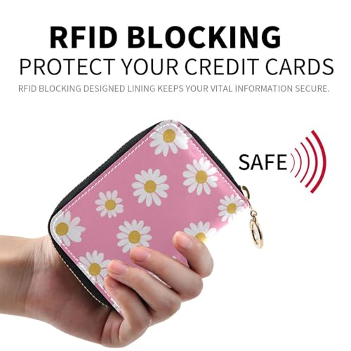 White Daisy Pink Women's Card Holder Wallet Durable PU Leather with RFID Blocking Full-Zip Security 11 Slots in Mini Size, Ideal for Purse Travel or Daily Organization2