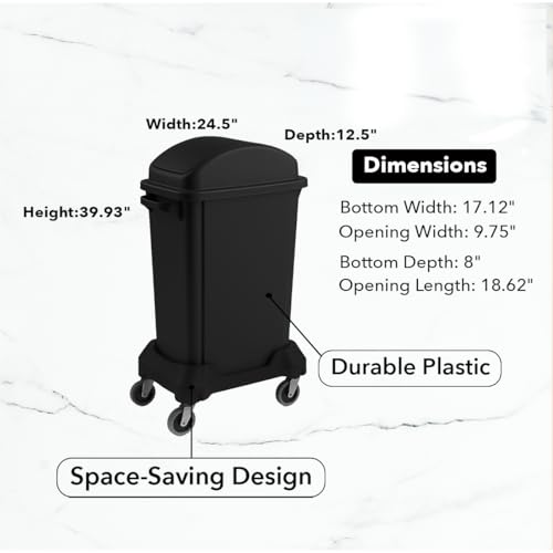 Image of 16 Gallon Slim Rectangular Garbage Can with Dome Swing Lid + Wheels - Black