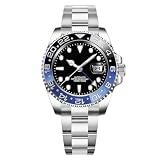 Glorixen Men GMT Automatic Watch Fashion Stainless Steel Mechanical Sapphire Glass Lens Watch Gift Box (Black Blue)
