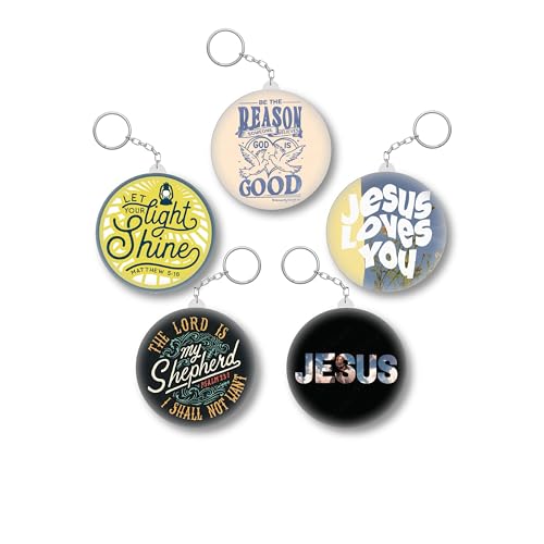 D2C Christian Quote Keychain Set | Bible Verse Round Keychains | 58mm Glossy Plastic Metal Scripture Accessories | Pack of 5 — Multiple Designs (Shine, Shepherd & Jesus Theme)
