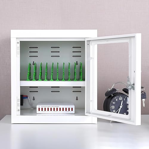 WENNEWU Mobile Phone Charging Cart and Cabinet, USB Cell Phone Charging Stations, with Lock, Tempered Glass Door and Movable Rollers, Mobile Storage Cart, for Office Classroom,White,12slot