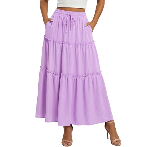 Image of WERFORU Women's Skirts Elastic High Waist Long Skirt with Pockets Elegant Maxi Skirt for Women A-Line High Waist Boho Skirts Purple