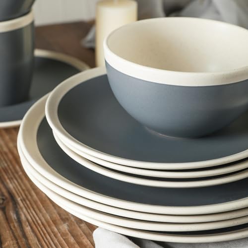 Image of Stone Lain Serenity 32-Piece Stoneware Dinnerware, 2-Tone, Speckles, Dark Gray and Cream,