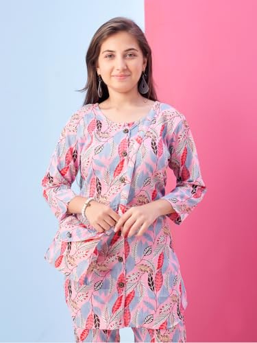 Image of Aarika Girls Casual Wear Beige Colour Leaf Print Polyester Co-ord Set