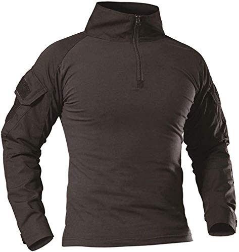AKARMY Men's Military Shirt, Long Sleeve Tactical Shirt, Army Combat Camo T-Shirt with 1/4 Zipper PLY11 Black