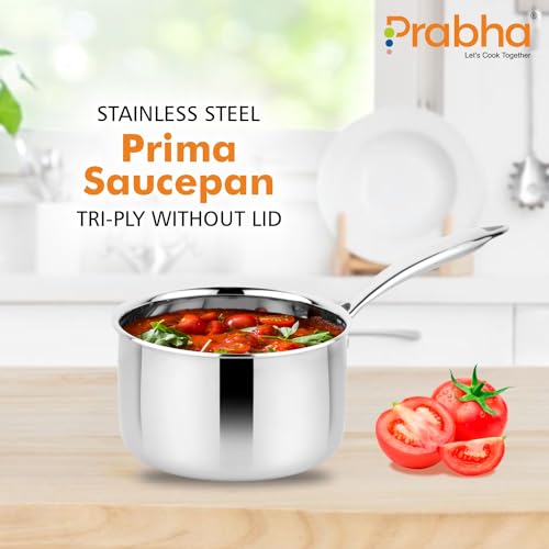 Image of Prabha Prima Saucepan without Lid, Stainless Steel, Kitchen Sauce Pan Utensils, 12cm, 0.9L, Sauce Pan Container, Induction & Gas Stove Suitable, teapan, milkpot, milkpan, egg /milk /water boiler chaipan
