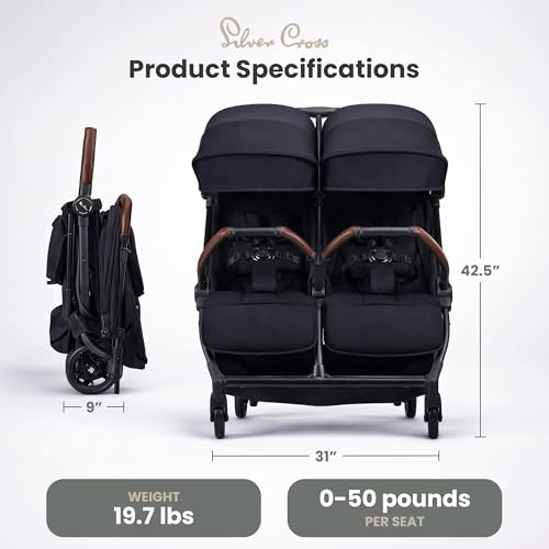 Image of Silver Cross Jet Double - Full Size Side by Side Double Infant & Toddler Stroller - Lightweight, Compact & Easy to Fold, with All-Terrain Wheels - Disney Park Approved, Space Black