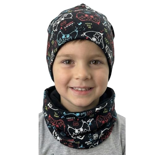 HECKBO Reflektor Kinder Mütze & Loop Schal Set – Gaming – 95% Baumwolle Jersey – weiches & pflegeleichtes Stretch-Material – Übergangszeit – Größe 48–54 cm