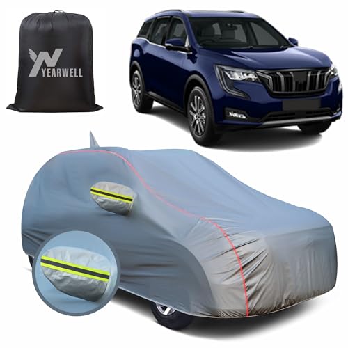 Image of Car Body Cover for Mahindra XUV 700, 100% Waterproof, Heat-Resistant with Mirror & Antenna Pockets, Soft Cotton Lining, Triple Stitched, Green Reflector (Metallic Grey)