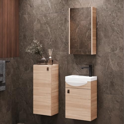 Planetmöbel Set di mobili da bagno lavabo con mobiletto 40 x 60 x 29 cm con armadio a specchio 40 cm e mobiletto midi per bagno e WC ospiti, rovere Sonoma