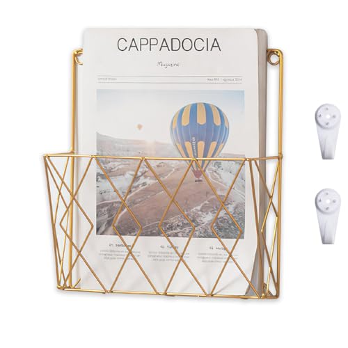 kumet Wall-Mounted File Organizer, Metal Wall File Holder, Magazine Rack, Space-Saving Design, Ideal for Home Office, Workspace, and Study Room Organization (Gold)