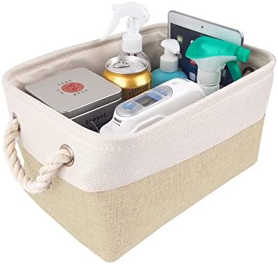 Mangata Storage Boxes, Small Fabric Storage Baskets with Rope Handles for Cupboards, Shelves, Wardrobe, Toys, Clothes ( Foldable, Grey White)