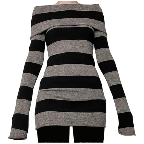 2025 Pulloverkleid, gestreiftes Revers, eine Schulter, schmal, lang, gestrickt, Schwarz , XL