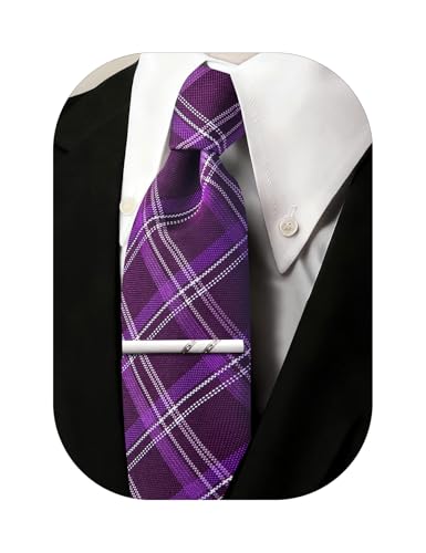 Image of Barry.Wang Plaid Ties Mens Silk Necktie and Tie Clip Checkered Tie for Wedding Party Business Formal