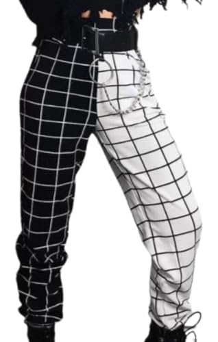 Women's Casual Mid-Rise Plaid Wide Leg Lounge Long Pant Loose Classic Color Block Print Elastic Waist Pants