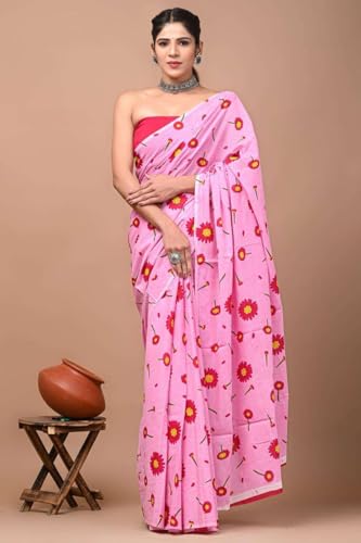 Image of Hand Block Printed Cotton Mulmul Saree | Soft Lightweight Summer Saree | Pure Cotton Traditional Indian Saree for Women