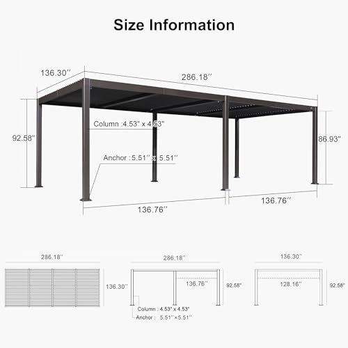 Image of PURPLE LEAF 11' x 23' Louvered Pergola Outdoor Adjustable Louvre Shade Modern Patio Aluminum Pergola with Retractable Roof for Deck Backyard Garden Hardtop Gazebo, Bronze