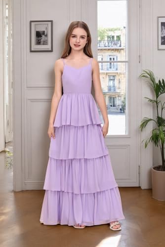Tiered Junior Bridesmaid Dress Spaghetti Straps Long Chiffon Flower Girl Dresses A Line Girls Party Pageant Gowns2