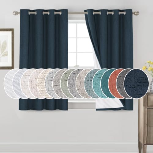 Image of PrinceDeco 100% Blackout Curtains 54 inch Long for Dining Room Soundproof Window Treatment Drapes for Nursery Thermal Insulated with White Liner Short Textured Grommets Curtains 2 Panels Set,Navy