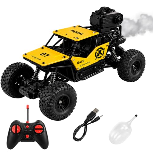 Image of Remote Control 4x4 Rock Crawler Car for Kids | 2.4GHz Remote Control Rechargeable Off Road RC Monster Truck with Mist Spray, LED Lights, All Terrain Tires | Gift for Boys & Girls