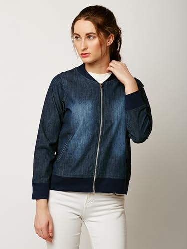 Image of Miss Chase Women's Polo Neck Full Sleeves Patch Pocket Denim Overcoat Knee-Length Jacket