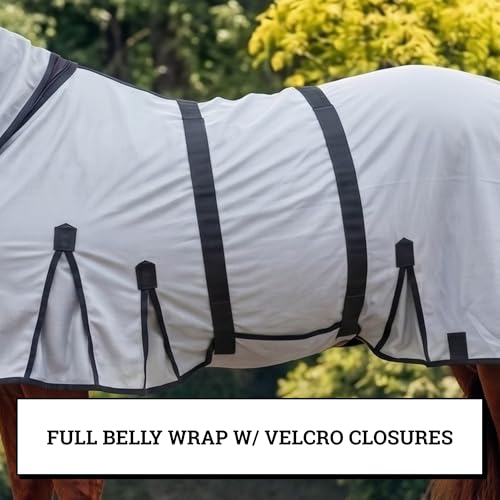 Image of Horse Fly Sheet with Attached Neck Cover & Tail Flap | UV Protection Mesh Horse Blanket, Full Body Bug & Sun Shield, Buckles, Belly Wrap & Gussets for Spring Summer Riding Rug (Silver, 74 inch)