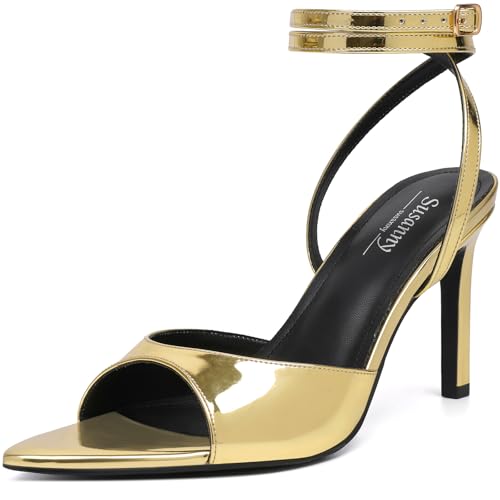 Image of Susanny High Heels for Women Pointed Open Toe Strappy Chunky Block Heels Ankle Strap Stiletto Kitten Heeled Sandals Wedding Bridal Party Prom Sexy Dress Shoes