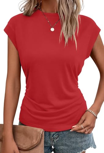 Bliwov Womens Fall Tops Cap Sleeve Business Casual Ruched T Shirts Trendy Basic Crewneck Outfits Beach Vacation Clothes L Red