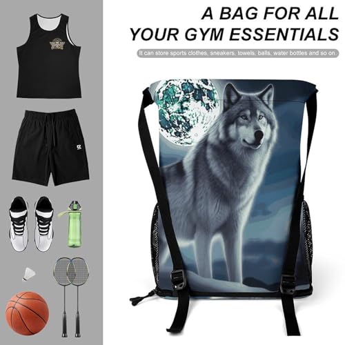Drawstring Gym Backpack with Shoe Compartment And Wet Pocket, 28L Lightweight Waterproof Wolf Under Moon Sports Backpack for Workout Swim Beach Travel String Bag for Men Women3