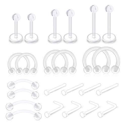 Mayhoop Piercing Corp Retainers Bioflex Acrylique Flexible Piercing Labret Studs Piercing Oreille Tragus Rook Nez Langue Fer à Cheval Piercing Arcade Transparent Plastique 24Pièces