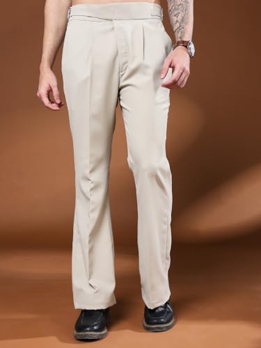 Image of Mens Beige Gurkha Pants with Classic Buckle Closure Premium Casual Bell Bottom Trousers for Men High Waist Pleated Formal & Casual Wear Pant Stylish Retro Flared Bottom Pant