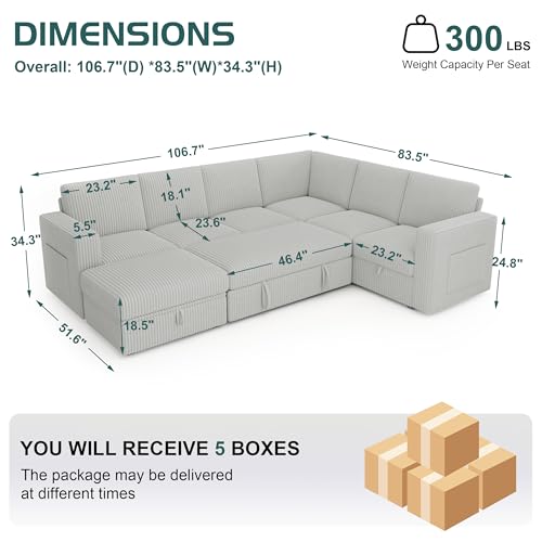 Image of 106.7 inch Corduroy Sectional Sleeper Sofa Pull Couch with Storage Light Gray