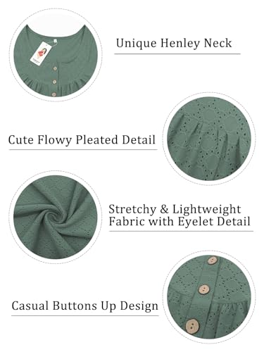 Image of VISLILY Womens-Plus-Size-Summer-Tops Buttons Up Henley Shirts Flowy Pleated Tunics Trendy Eyelet Short Sleeve Blouses