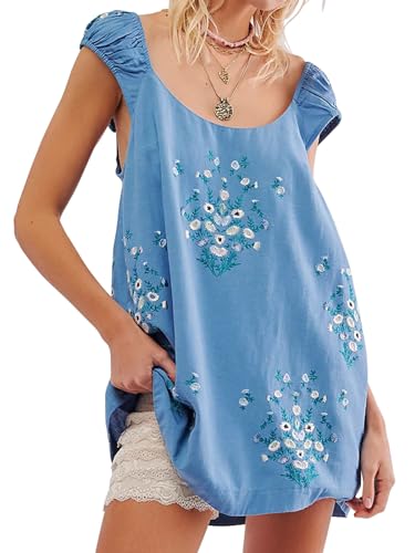 Linen Mini Cute Dress Women Floral Embroidered Dress with Crew Neck and Sleeveless Casual Guest Vintage Dresses