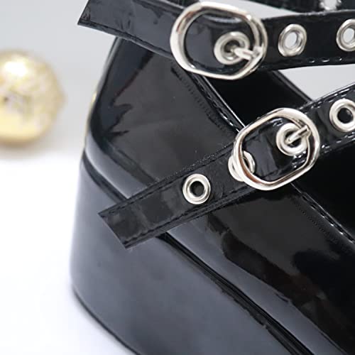 Image of Women's Platform Mary Janes Heart Cat Buckle Rivets Ankle Lolita Gothic Princess Platform Pumps Patent Leather Thorn Vintage Traditional Embroidery Upper Dress Shoes