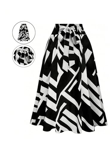 SHENHE Women's Elegant Bow Tie Geo Print Long Skirts Elastic High Waist A Line Flowy Swing Midi Skirt3