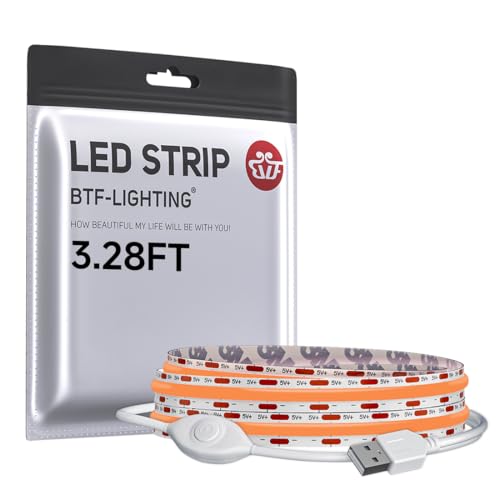 Image of BTF-LIGHTING FCOB COB LED Strip Lights 5V USB Powered Orange Color for TV | 3.28FT 320LEDs CRI90+ Dimmable Super Bright LED Light with 3M Tape for TV Backlight PC 3D Printer Cabinet Home DIY Lighting